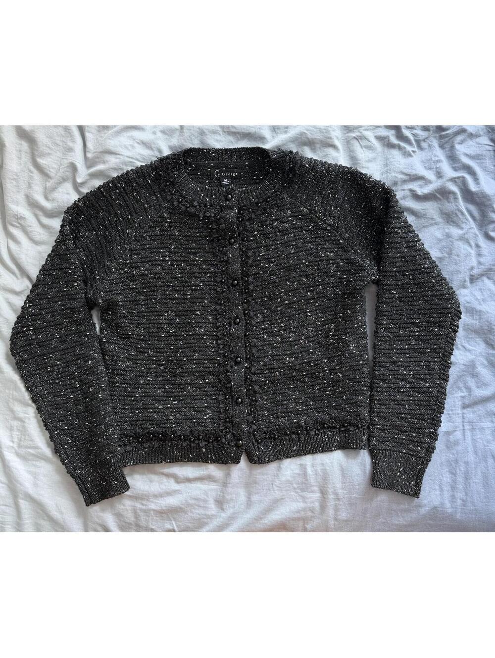 Greige Black Metallic Knit Cardigan Chanel Style Beaded Trim Sweater Medium M